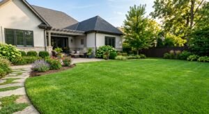 Healthy Bermuda Grass lawn in a sunny suburban backyard