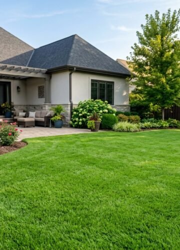 Healthy Bermuda Grass lawn in a sunny suburban backyard