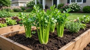 Fresh Pravi Celer growing in a home vegetable garden with green celery stalks and healthy leaves