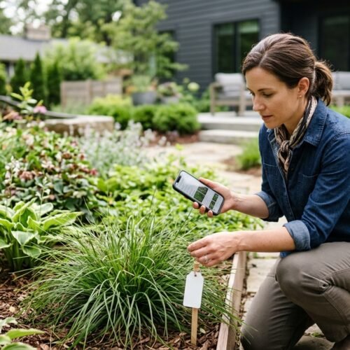 Home gardener identifying an unfamiliar Lyposingrass plant