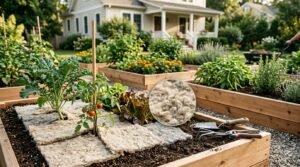 Wollmatten wool mat used as mulch around plants in a home garden