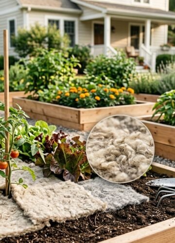 Wollmatten wool mat used as mulch around plants in a home garden