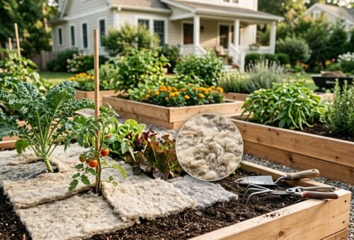 Wollmatten wool mat used as mulch around plants in a home garden