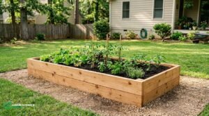 Wooden raised garden bed filled with vegetables in a sunny backyard