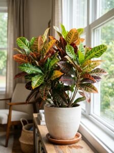 Healthy colorful croton plant growing indoors near a bright window