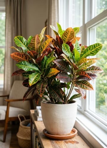 Healthy colorful croton plant growing indoors near a bright window