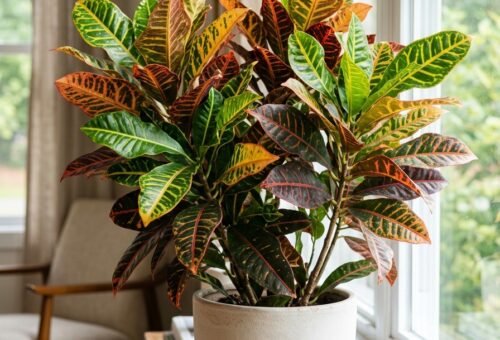 Healthy colorful croton plant growing indoors near a bright window