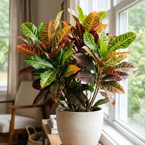 Healthy colorful croton plant growing indoors near a bright window