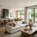 Luxury vacation rental home design with an open living room, modern kitchen, comfortable furniture, and natural lighting.