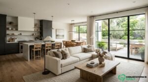 Luxury vacation rental home design with an open living room, modern kitchen, comfortable furniture, and natural lighting.