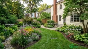 Backyard zoned garden with sunny, shaded, lawn, and mixed planting areas