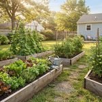 Beginner vegetable garden with raised beds, lettuce, tomatoes, and green beans.