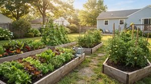 Beginner vegetable garden with raised beds, lettuce, tomatoes, and green beans.