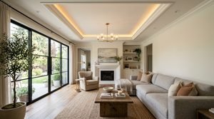 Modern living room featuring a tray ceiling with warm cove lighting.