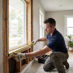 Window installer measuring a residential window opening before installation.