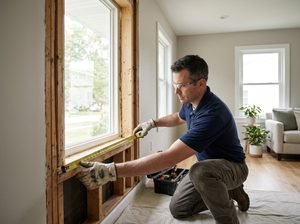 Window installer measuring a residential window opening before installation.