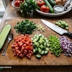 Fresh Coban Salatasi with diced tomatoes, cucumbers, green peppers, red onion, and parsley in a ceramic bowl.