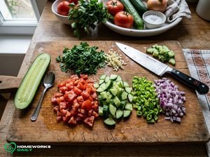 Fresh Coban Salatasi with diced tomatoes, cucumbers, green peppers, red onion, and parsley in a ceramic bowl.